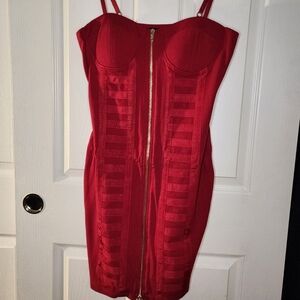 Haute Monde Red Ribbed Spaghetti Strap Mini Dress